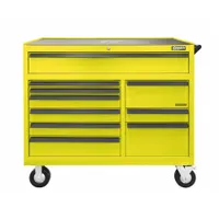 Heavy-duty rolling tool cabinet with 10 drawers, measuring 48 1/2 in W x 20 in D x 43 1/4 in H. Yellow finish with yellow drawer fronts. Suitable for organizing and transporting tools in industrial workshops, maintenance facilities, and manufacturing environments