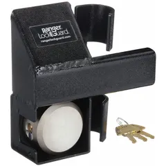Steel padlock guard with integrated lock, finished in black. Guard dimensions: 9 inches length, 3 1/2 inches width, 9 inches height. Designed to protect padlocks from tampering and weather in gate, storage, and equipment enclosure applications.