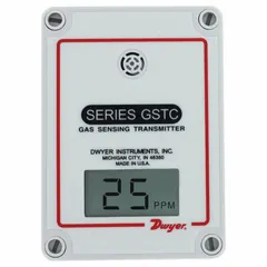 Wall-mounted fixed gas detector transmitter for nitrogen dioxide (NO2) with a measurement range of 0 to 10 ppm. Features a digital display and is designed for use with building management controllers. Provides continuous gas monitoring for facility environments.