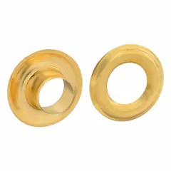 Round brass grommets with 0.25 in inside diameter, 0.55 in outside diameter, and 0.08 in overall thickness. Used to reinforce holes in fabric, leather, or sheet materials for applications such as tarpaulin repair and protective cover manufacturing.