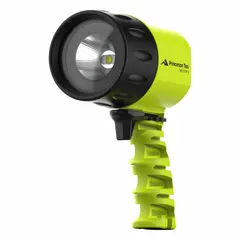 This spotlight delivers a maximum output of 1200 lumens with a spot beam that reaches up to 230 meters. It operates for 6 hours at maximum brightness on C batteries. The light includes a lanyard for easy carrying. Typical applications include industrial inspection, search and rescue, and outdoor work requiring a focused long-distance beam in wet or hazardous conditions.