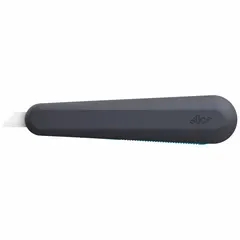 This fully automatic retracting utility knife features a plain edge and a nylon body in black/blue. With an overall width of 2 1/2 inches, it is suited for cutting packaging, tape, cardboard, and other light-duty materials in warehouses, shipping departments, and maintenance settings.