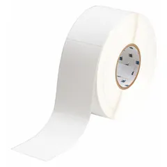 Acrylic label roll with permanent adhesive, inkjet print-receptive, for use with BradyJET J5000 printer. Contains 340 precut labels measuring 2 11/64 in x 3 11/32 in. Suitable for industrial asset identification, cable marking, and facility labeling.