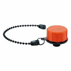 Tethered filter breather vent with 40 micron filtration, gray splash guard, and 200 mm black POM-based technopolymer tether. Polyamide body with 3/4" BSPP thread. Used on hydraulic reservoirs, gearboxes, and fluid power systems to equalize pressure and filter incoming air.