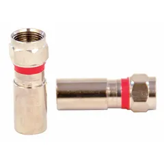 Male F-Type coaxial connector with nickel-plated silver finish. Compression termination for RG-6 quad-shield cable. Plenum-rated for use in air-handling spaces. Sold in a 10-pack.