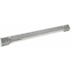 This surface-mount electric cove heater uses radiant heating to provide supplemental warmth in rooms with limited wall space. It operates on 240V AC, 1-phase power with a 600W output. The unit measures 47 inches wide by 4-3/16 inches high by 3 inches deep and has a white finish.