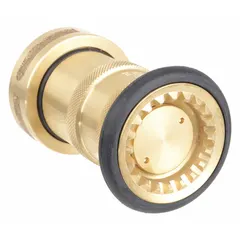 This fire hose nozzle features a brass body with a swivel base and NPSH thread. It activates by twist and provides adjustable gallonage with a fog or straight stream spray pattern. Suitable for firefighting and industrial water-delivery tasks such as fire suppression, equipment cooling, and washdown.