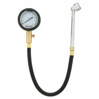 Analog dial tire pressure gauge with a rubber body. Measures pressure in 1 psi increments. Suitable for checking and maintaining tire pressure on vehicles, equipment, and machinery in fleet maintenance and workshop settings