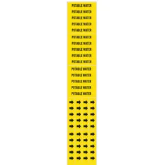 Yellow adhesive pipe marker with black legend reading 'Potable Water'. Designed for pipes with an outside diameter of 3/4 in and smaller. Pack includes 3 markers without arrows. Used to identify drinking water lines in industrial piping systems.