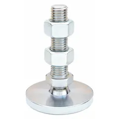 Male leveling mount with swiveling stud for leveling and vibration damping of machinery. Round base, 5/8"-11 thread, 3 in type, 7/8 in hex, 5,000 lb capacity. Includes two jam nuts and mounting holes.