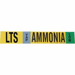 Ammonia adhesive pipe marker for VAP phase, Low pressure level, fitting pipe O.D. 2-1/2 to 7-7/8 in. Supplied without arrows, in English. Used to identify ammonia piping systems in industrial facilities.