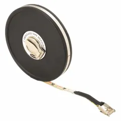 Manual closed-reel long tape measure with a 100 ft / 30 m fiberglass blade. Features double-sided scale with metric, SAE, and engineers markings, 2 mm graduation, and a nonmagnetic stainless steel double hook end. Suitable for measuring distances in construction, surveying, and industrial layout where magnetic interference must be avoided.