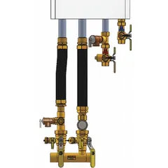 This boiler installation kit includes a tee manifold with valves and purge drains. It features a sweat (SWT) manifold type and pipe connection, with a female iron pipe (FIP) boiler connection. Compatible with NCB-240 product type. Used for hot water and steam boiler piping connections.