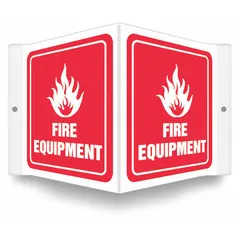 PETG V-shape projection sign for marking fire equipment locations. Nominal size 6 x 8-1/2 in, 0.06 in thick. Features mounting holes for secure attachment to walls or posts. Not retroreflective, does not glow in the dark, no anti-slip surface.