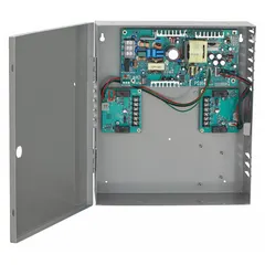 Metal-enclosed power supply board with 120/240V AC input. Provides power for electric strikes, magnetic locks, and other low-voltage door hardware in commercial and industrial access control systems.