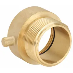 This brass rigid adapter connects fire hoses to hydrants or standpipes with NPSH x NH threading. It is used in fire protection systems and industrial water supply applications requiring a secure threaded connection.