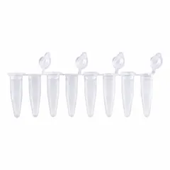 PCR Strip Tubes, 0.2 mL, Polypropylene, Natural, Conical Bottom, Attached Flat Caps