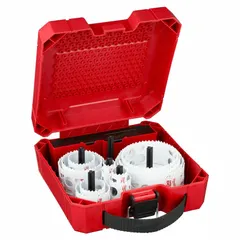 This 20-piece hole saw kit features bi-metal construction with 3.5 teeth per inch for multi-material cutting. The saw size range covers 3/4 in to 4 1/2 in, suitable for cutting wood, metal, and plastic in construction, electrical, and plumbing applications.