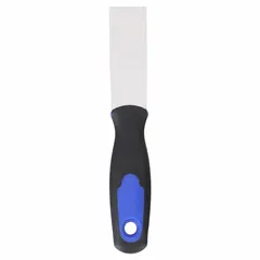 This standard scraper features a stiff, tapered carbon steel blade suitable for removing paint, adhesive, gaskets, and other buildup from flat surfaces. The straight handle is made of polypropylene with a TPR rubberized grip for comfort. Commonly used in maintenance, construction, and automotive tasks.
