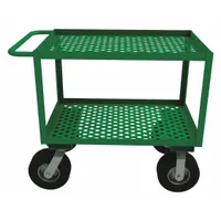 This flow-through utility cart features two perforated lipped metal shelves, each 36 inches long by 24 inches wide, with 18 inches of clearance between shelves. It is equipped with two swivel casters with rubber treads. The cart is rated for a 1000 lb load capacity and is suitable for transporting and organizing materials in warehouses, factories, and distribution centers