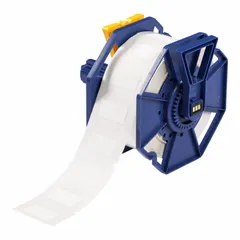 Acrylic label roll with permanent adhesive, inkjet print-receptive surface, and 800 precut labels measuring 3/4 in by 1 1/2 in. Designed for use with the Brady J7300 printer series. Suitable for industrial identification, asset tracking, cable marking, and component labeling in electrical and control panel applications.