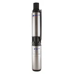 Thermoplastic submersible pump for 4-inch well pipe diameters. Rated 1/2 hp, 7 gpm at 230V AC. Used for residential water supply, irrigation, and light commercial water extraction from deep wells.