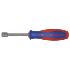 Standard nut driver with an 8 mm metric tip and a hollow round shank for use over long threaded rods. Non-magnetized tip. Suitable for driving and removing hex nuts in assembly, maintenance, and repair tasks.