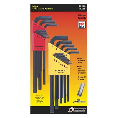 BONDHUS Hex Key Set: 16 or More Pieces, L, Metric and SAE, Std End, Long, 22 Pieces - L-Shaped Hex Key Sets