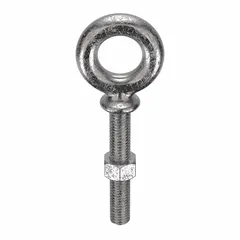This machinery eye bolt with shoulder is made from 316 stainless steel with a plain finish. It has a 1/2"-13 thread size and a 2-inch thread length. A nut is included. Used for lifting, rigging, and securing loads in industrial applications where corrosion resistance is required.