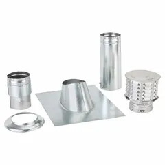Category I standard gas vent pipe kit for venting combustion gases from gas appliances. Constructed of steel with outer galvanized steel and inner aluminum liner. Includes draft hood connector and 12-inch adjustable length section. Snap-lock connection for assembly.