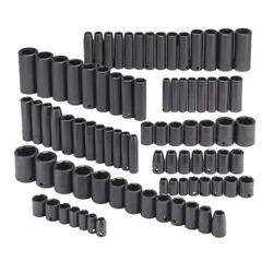 This 86-piece impact socket set includes 27 SAE and 27 metric 6-point sockets in 1/2 in drive, with metric sizes from 10 mm to 27 mm. Designed for use with impact wrenches in automotive repair, heavy equipment maintenance, and industrial assembly.