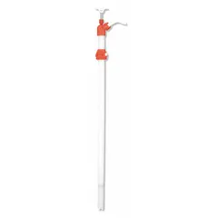 This piston-action down-stroke drum pump features a nylon housing and PTFE seals for compatibility with a range of non-corrosive fluids. Delivering 14 oz per stroke, it includes a spout for controlled dispensing. The 39 1/2-inch length suits standard drum depths. Typical applications include fluid transfer in industrial and maintenance settings.