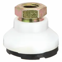 This non-skid leveling mount features an acetal homopolymer body with a 3/8"-16 female thread. It provides vibration-dampening support and leveling for machinery, equipment, or workstations on uneven floors. The swivel boltless design allows easy installation and adjustment.