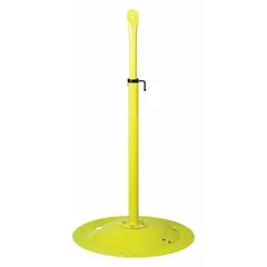 This steel pedestal base provides a stable elevated mounting platform for compatible fans. It features a yellow powder-coated finish and includes assembly hardware. Suitable for industrial or commercial ventilation applications.