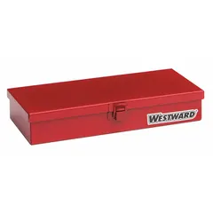 Steel socket storage box with a red finish and hinged lid. Single compartment for organizing and protecting socket sets. Measures 10 1/4 in width, 5 1/8 in depth, 1 3/4 in height. Suitable for workshop, garage, and industrial maintenance environments.