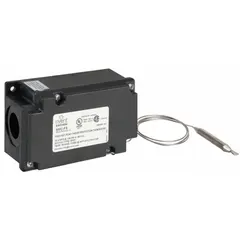 This freeze protection control features a fixed 40°F set point and 3°F differential, with an SPST switch that opens on temperature rise. It accepts 125 to 480V AC and includes a 2-1/2 ft capillary with a 3-1/8 in x 1/4 in bulb. The plastic enclosure is weatherproof, suitable for outdoor use to prevent freezing of pipes and equipment.