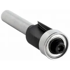 Carbide-tipped flush-trim router bit with 1/2 in cutter diameter for wood. Used to trim laminate, veneer, or solid wood flush with a template or substrate in woodworking and cabinetry applications.