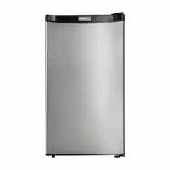 This 3.2 cu ft total capacity mini refrigerator from DANBY is Energy Star Certified for efficiency. It features a silver finish, semi-automatic defrost, two shelves, and a solid swing door with a 3-prong plug. Suitable for compact spaces such as offices, dorm rooms, or small kitchens for storing beverages, snacks, and perishables.
