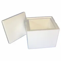 White cardboard shipping box with a 2 in thick Styrofoam insert, providing thermal insulation for temperature-sensitive items during transit. External dimensions are 12 3/8 in x 10 1/2 in x 10 3/8 in. Suitable for packaging industrial parts, electronics, or other goods requiring moderate thermal protection.