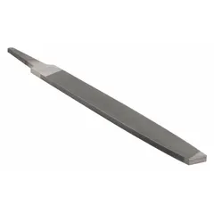 Rectangular file with tapered double-cut teeth and smooth cut for fine finishing. Natural finish. Dimensions: 6 in length without tang, 5/8 in width, 5/32 in thickness. Used for precision metalworking, deburring, and smoothing machined surfaces on steel, brass, and aluminum.