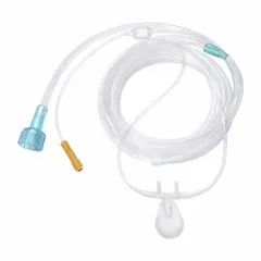 PVC nasal cannula for adult patients, featuring a 7 ft tube length and softened tip for comfort. Used to deliver supplemental oxygen in clinical or home-care settings.