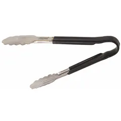 These 10-inch tongs feature a stainless steel blade and black finish. They are NSF Certified for sanitation compliance. Suitable for food handling in commercial kitchens and food service operations.