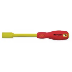 This insulated nut driver features a solid round shank and a straight design. The 1/2-inch SAE tip is non-magnetized. It is used for tightening or loosening hex nuts in electrical and mechanical applications where insulation provides protection against electric shock.