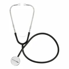This MEDSOURCE acoustic stethoscope is designed for adult and pediatric patient assessment. It features a single-head design in black with a 22-inch overall length and includes ear tips. Suitable for auscultation of heart, lung, and bowel sounds in clinical settings.