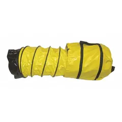 This 25-foot ventilation duct is made of yellow PVC-coated polyester and includes two cuffs. It is designed for use with the VAF3000P ventilator to supply fresh air or exhaust fumes in confined spaces. The material meets UL-94-VO flame resistance standards.