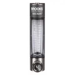 Panel-mount, variable-area flowmeter with scale display for air and water. Features Viton O-rings and seals, FNPT connections, and a flow rate adjustment knob. Accuracy +/-5%, vertical mounting, measures in liters.