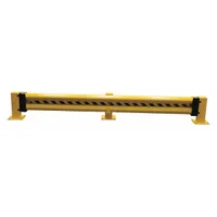 Steel guardrail with powder-coated yellow finish, 2 ribs, top rail height 12 7/8 in, mid-rail height 12 7/8 in. Includes mounting hardware. Used to protect personnel, equipment, and infrastructure from vehicle impact in industrial facilities such as warehouses, loading docks, and manufacturing plants