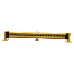 Steel guardrail with powder-coated yellow finish, 2 ribs, top rail height 12 7/8 in, mid-rail height 12 7/8 in. Includes mounting hardware. Used to protect personnel, equipment, and infrastructure from vehicle impact in industrial facilities such as warehouses, loading docks, and manufacturing plants.