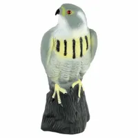 Visual bird repellent decoy designed to deter pest birds from outdoor areas. Constructed of durable plastic in gray and yellow. Covers up to 6,000 sq ft. No power or chemicals required; relies on realistic appearance and movement
