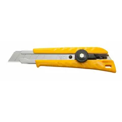 This 18mm snap-off knife features a rubberized yellow plastic handle with a straight-edge design. It provides eight usable blade segments and holds no stored blades. Suitable for cutting cardboard, drywall, plastic strapping, and other sheet materials in warehousing, construction, and packaging applications.